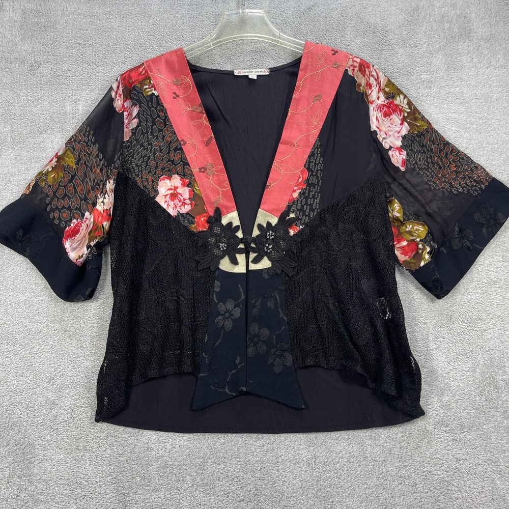Spencer Alexis Top Women M Black Floral Mixed Media Lace Silk Blend Kimono